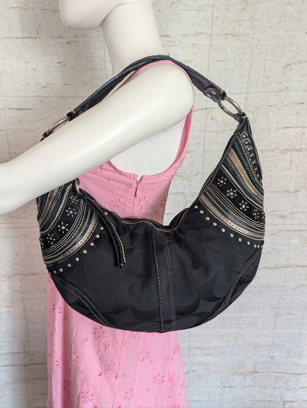vintage Coach Soho Black Signature Studded Hobo Bag